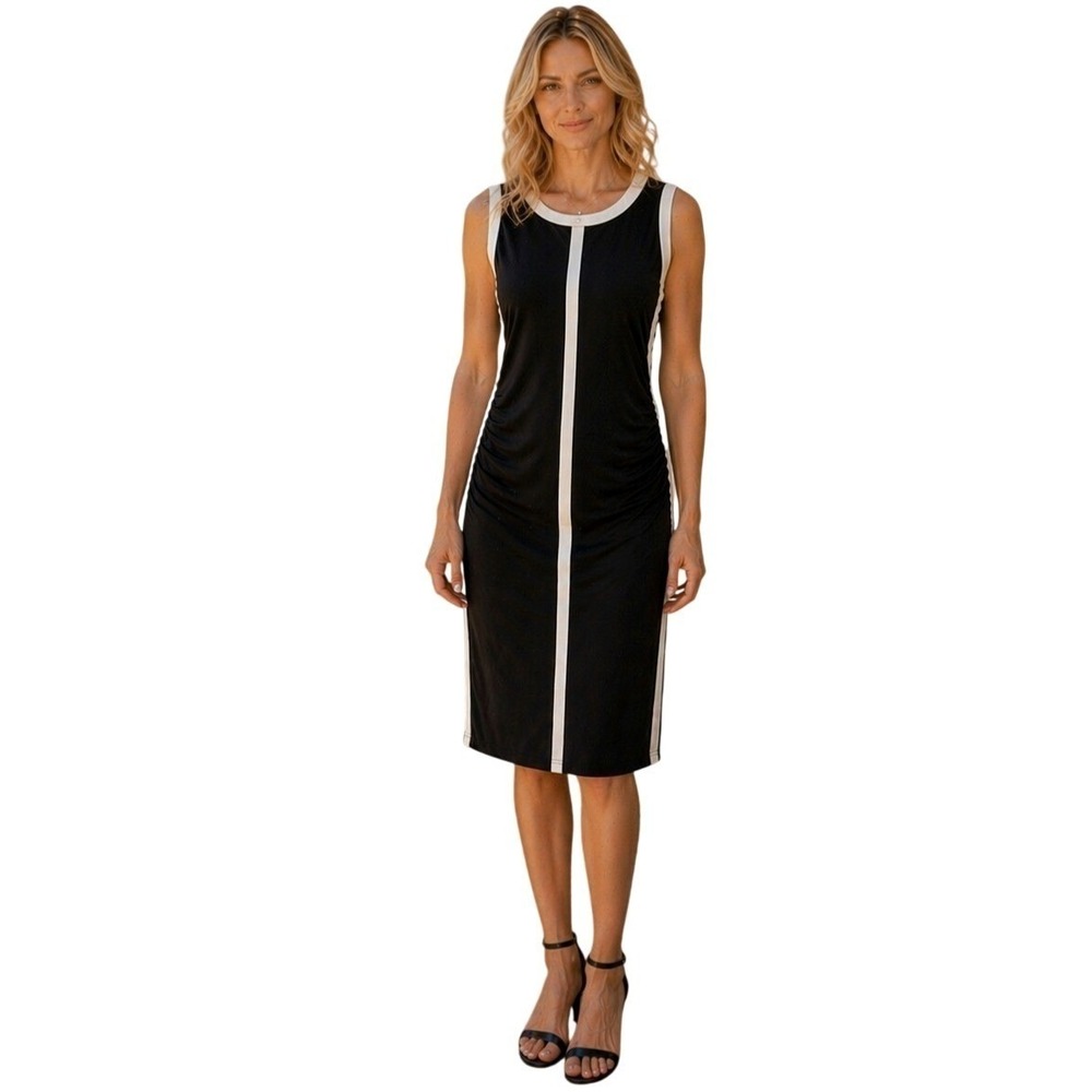 Ralph Lauren Sheath Midi Dress Size 12 Colorblock Ruched Stretch Cocktail Preppy